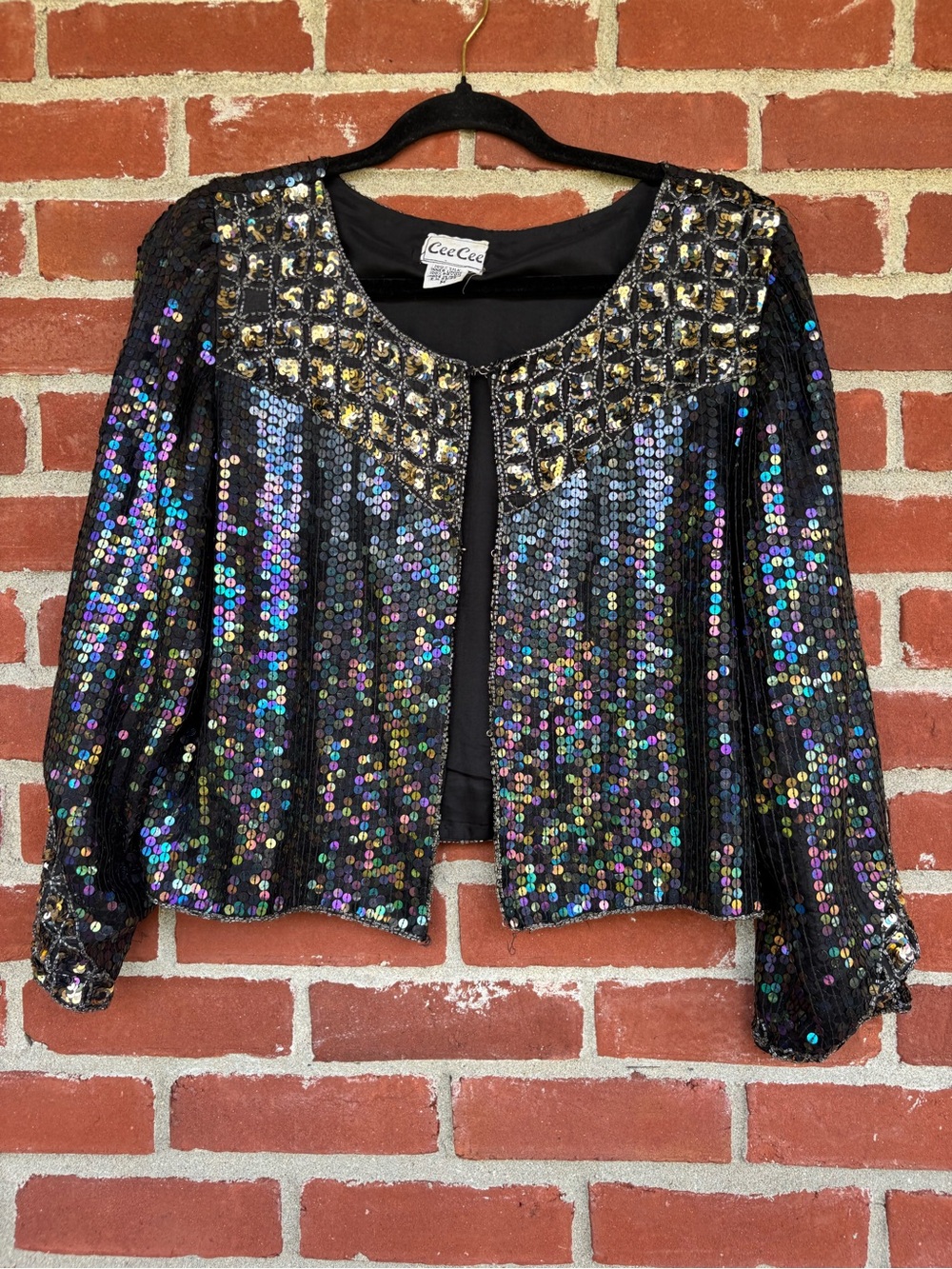 Vintage Silk 80s Black Sequin Cropped Jacket with Gold Embellished Collar